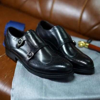Classic Men Genuine Leather Dress Shoes Brogue Double Buckle Monk Strap Metal Buckle Business Office Wedding Formal Shoes