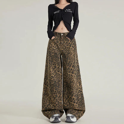 High Waist Leopard Jeans Women Wide Leg Jean
