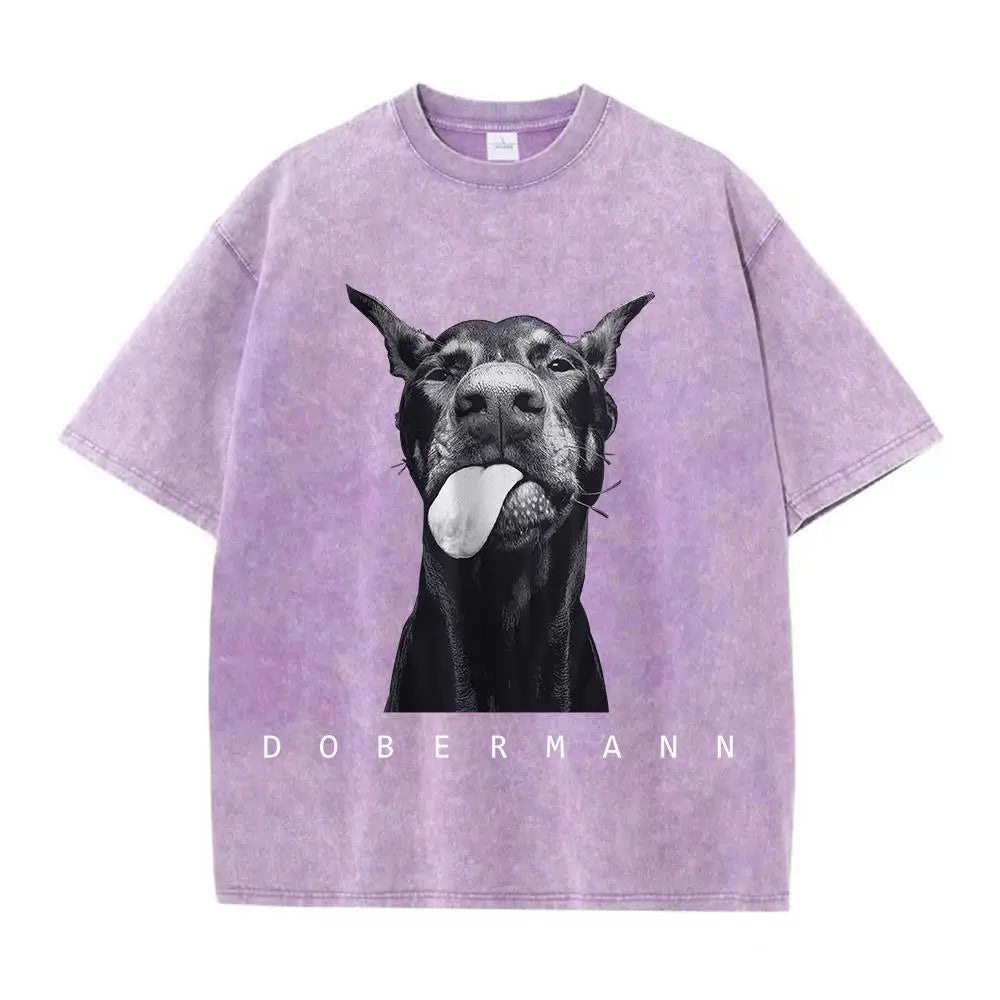 Camisetas femininas de algodão lavadas, moda criativa, estampa de Doberman, manga curta, gola redonda, folgadas, estilo destroyed, roupas femininas de rua