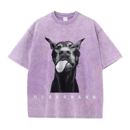 Camisetas femininas de algodão lavadas, moda criativa, estampa de Doberman, manga curta, gola redonda, folgadas, estilo destroyed, roupas femininas de rua