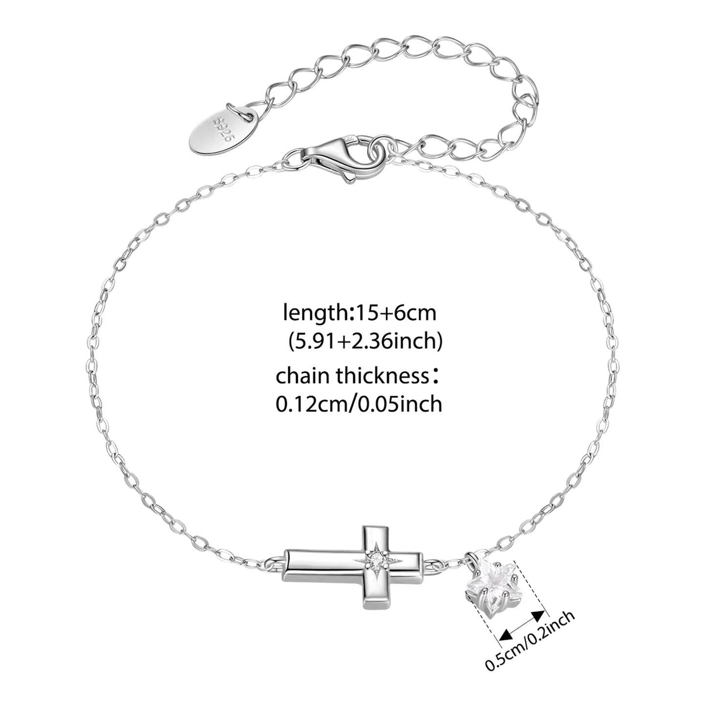 925 Sterling Silver Starlight Cross Bracelet Wrist Chain with Star Zircon Pendant Adjustable for Women Summer Daily Gift