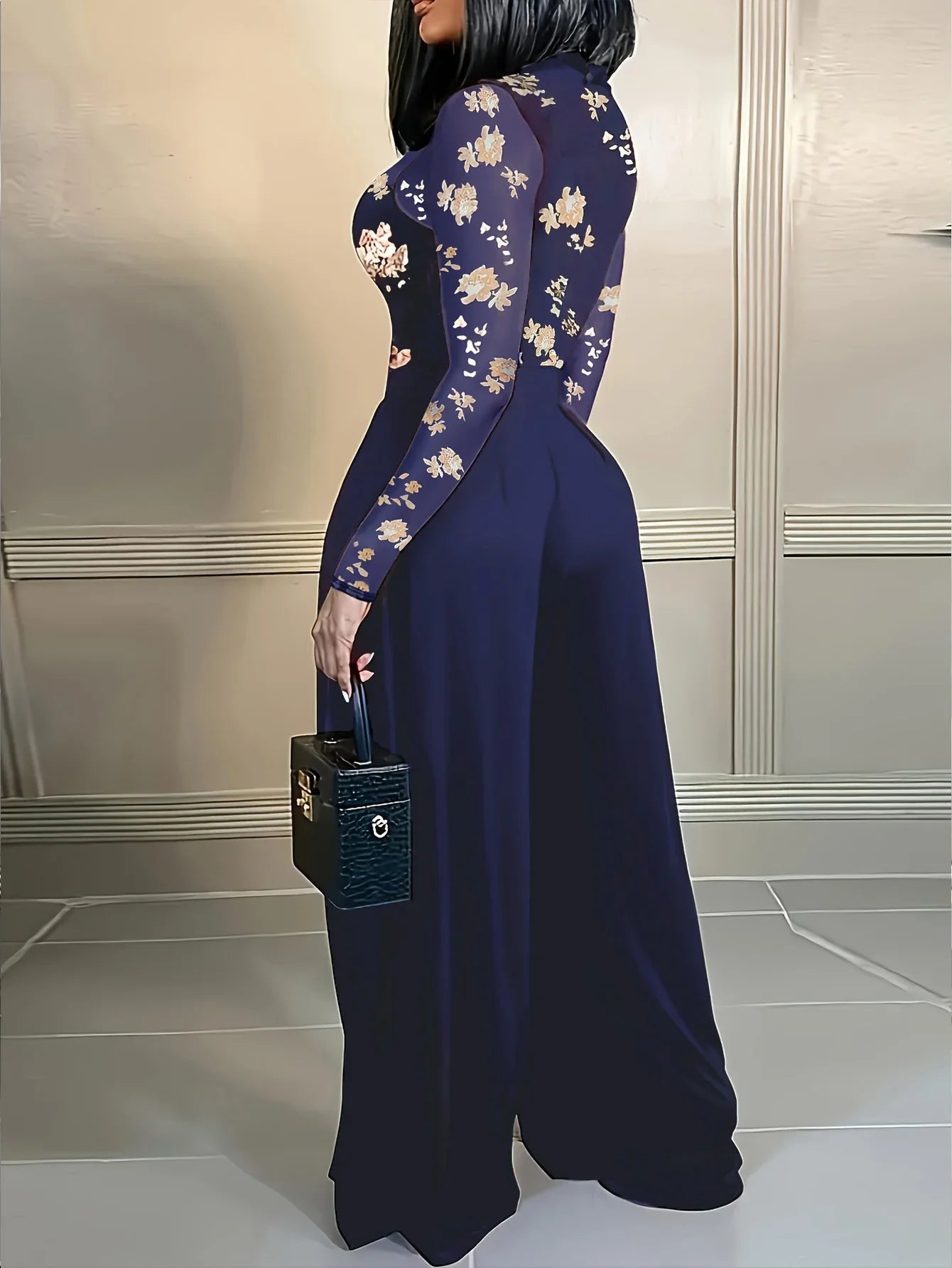 Women's Black Jumpsuit with Sheer Floral Embroidered Top Wide Leg Design Ideal for Evening Galas Cocktail Parties Formal Events