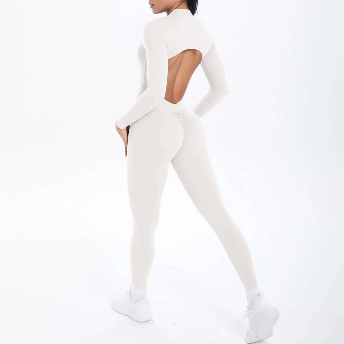 Solid Color Bodysuits for Woman's Backless Long Sleeved Zipper Yoga Jumpsuits High Dtrength Workout Sports Fitness Clothing Set