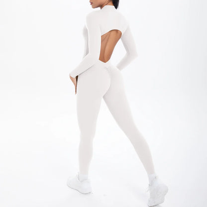 Solid Color Bodysuits for Woman's Backless Long Sleeved Zipper Yoga Jumpsuits High Dtrength Workout Sports Fitness Clothing Set