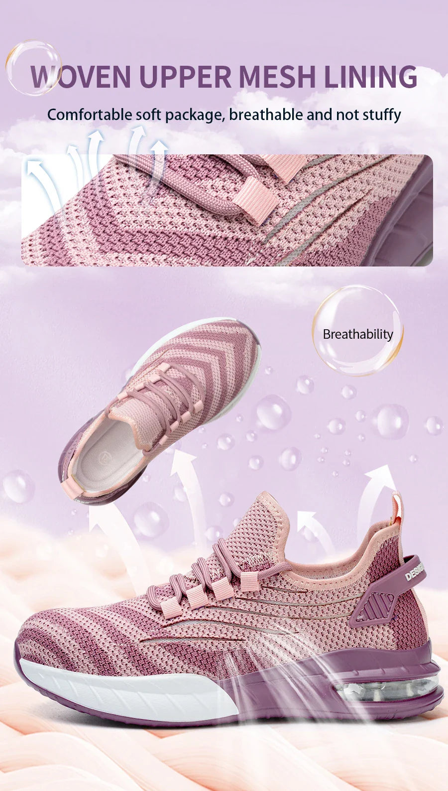 Ladies Safety Shoes Steel Toe Anti- Crush Fashion Pink Work Shoes Women's Footwear Comfortable Breathable for Office Use
