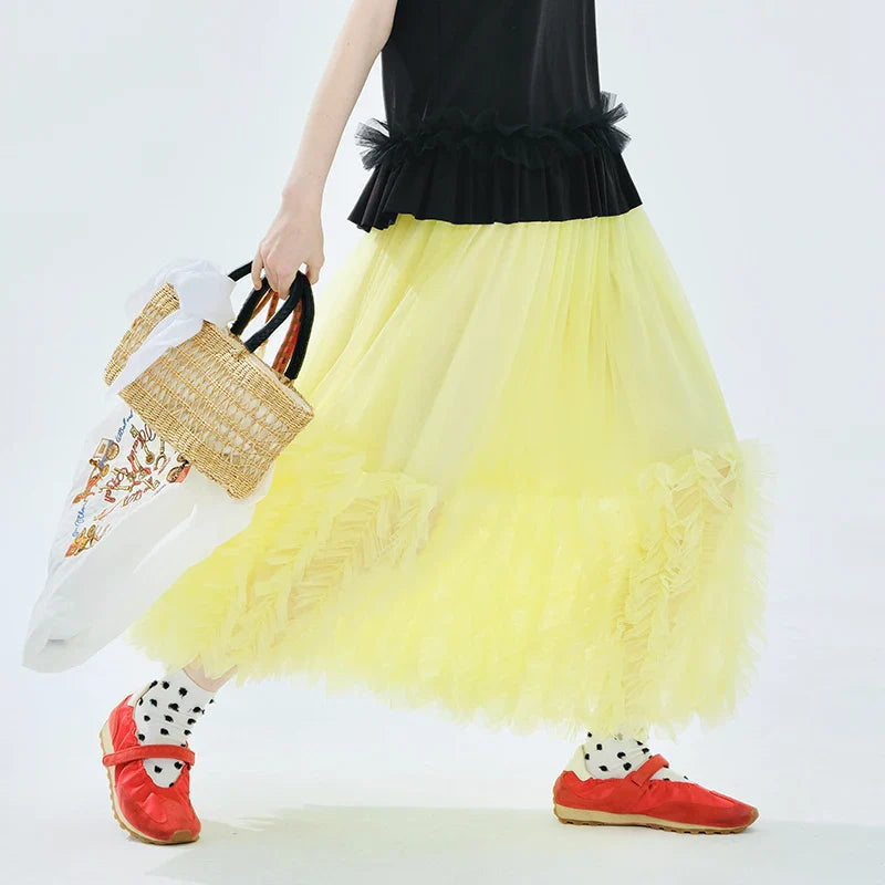 Women's Light Purple Tulle Midi Skirt with Ruffled Hem Elastic Waist Casual Fairy Style Summer  Flowy A-Line Skir 255106