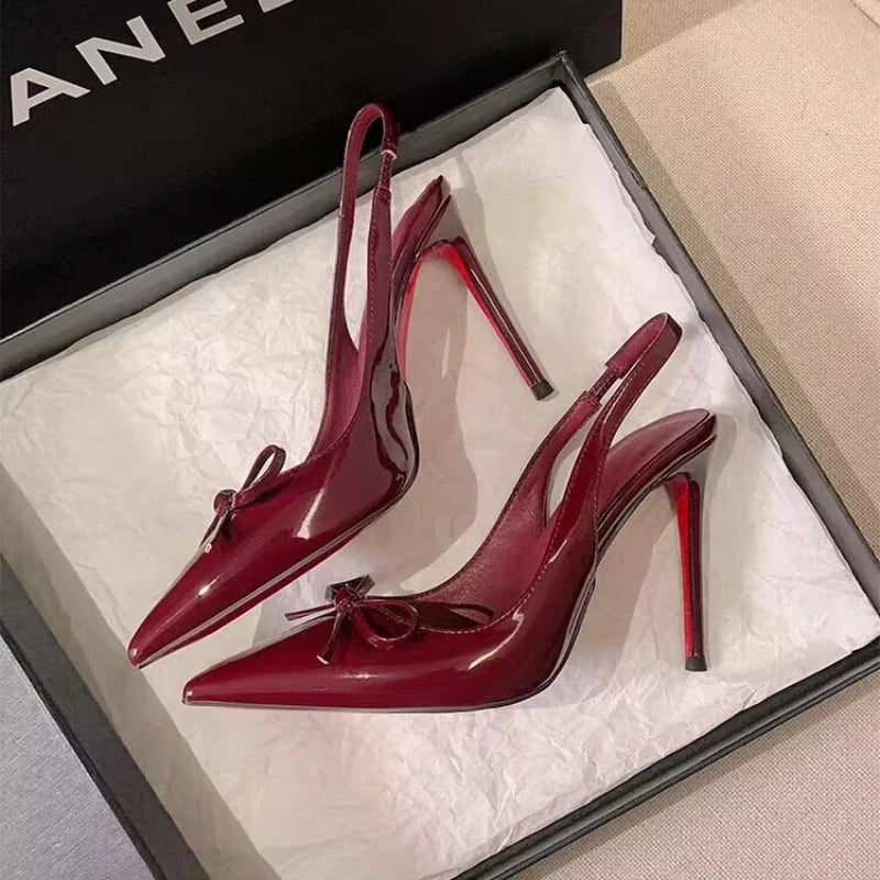 Leather Women's High Heels 2026 Summer New Style Bow-tie Pointed Toe Sandals Sexy Striptease Party High Heels