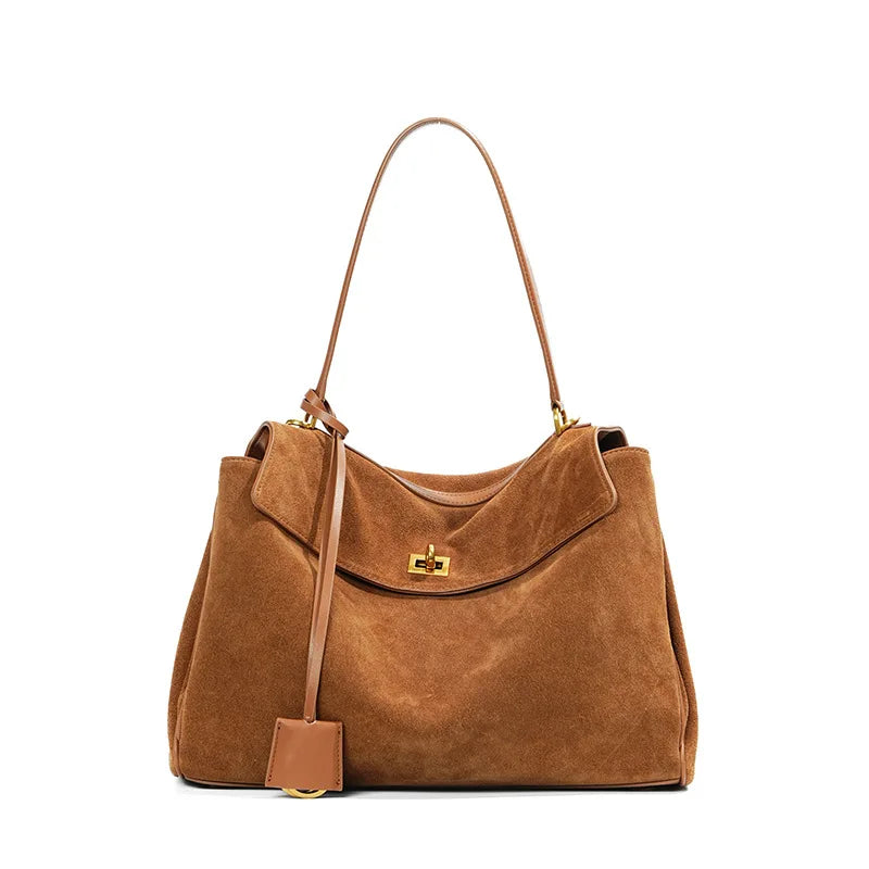 Suede Leather Tote Bag for Women Large Capacity Cowhide Shoulder Bag Designer Lock Satchel Chic Soft Nubuck Crossbody Purse