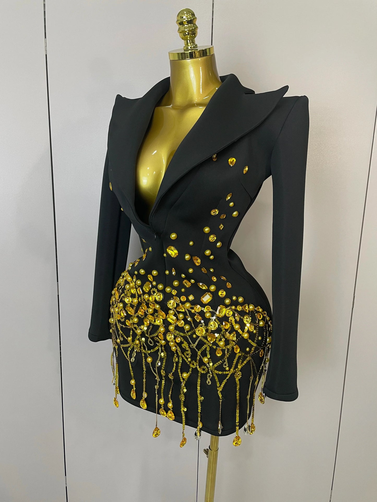 Crystal Chains Pearls Long Sleeve Mini Dress 2025 Women Birthday Evening Party Nightclub Outfit Singer Wedding Costume