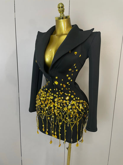 Crystal Chains Pearls Long Sleeve Mini Dress 2025 Women Birthday Evening Party Nightclub Outfit Singer Wedding Costume