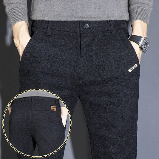 Men's Solid Straight Casual Pants Autumn Woolen Slim Fit Office Pants Vintage Elastic Waist Youth Trousers Everyday Wear