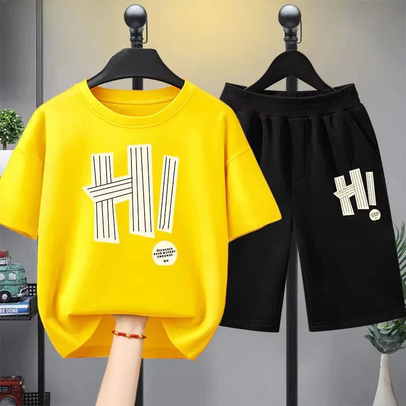 Summer Boy and Girl Set, Children's Boy Letter Printed T-shirt and Shorts 2-piece Set, Children's Short Sleeved Top and Bottom