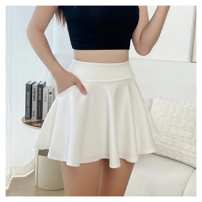 Summer Women Basic Skirt Function Pocket Skirts Lined Shorts Female Style Dancer Uniform Mini Elastic Pleated Skirt Plus Size