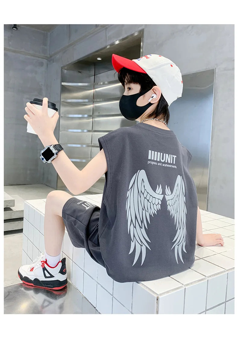 Big Child Cotton Summer Suit for Teens Boy Wing Print Cotton Tshirt + Shorts 2PCS Clothing Set Kids Adult Fashion Street Outfit