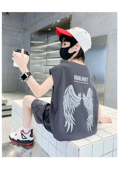 Big Child Cotton Summer Suit for Teens Boy Wing Print Cotton Tshirt + Shorts 2PCS Clothing Set Kids Adult Fashion Street Outfit