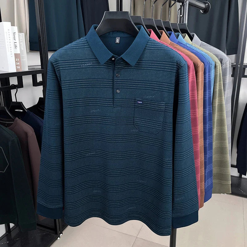 2025 long sleeved men's spring and autumn collar striped pullover top with loose pockets polo shirt