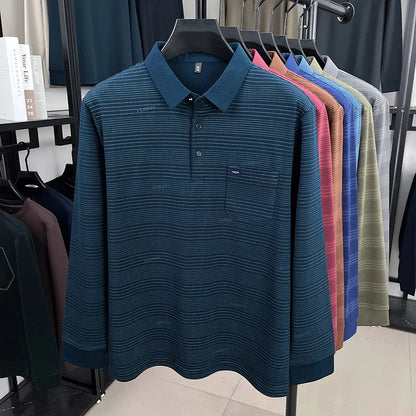 2025 long sleeved men's spring and autumn collar striped pullover top with loose pockets polo shirt