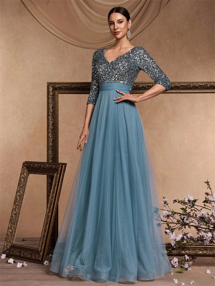 Luxury Floor Length V-Neck Evening Dress 2025 Women Elegant Party Maxi Dress Sequin Short Sleeves Prom Cocktail Gown