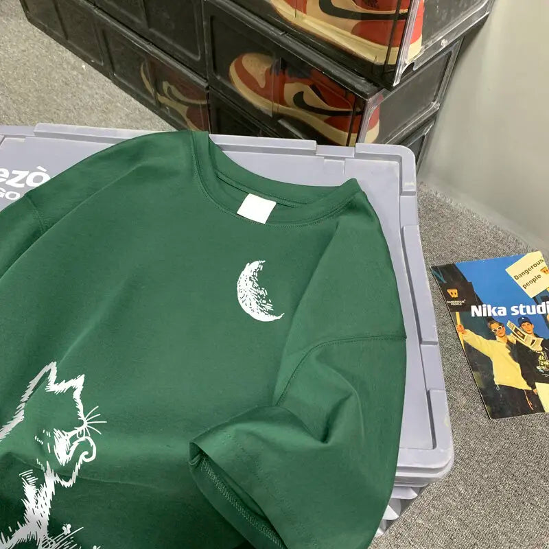 Men's T-shirts Oversized White Big Size 5XL Cotton T Shirt for Men Casual Summer Wear Cat Moon Print Tee Shirts Men Clothing