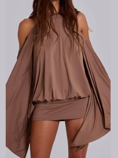 Sexy Gold Chain Decoration Back Hollow Dress Elegant Lantern Sleeve O-neck Mini Robe New Trendy Music Festival Party Outfits