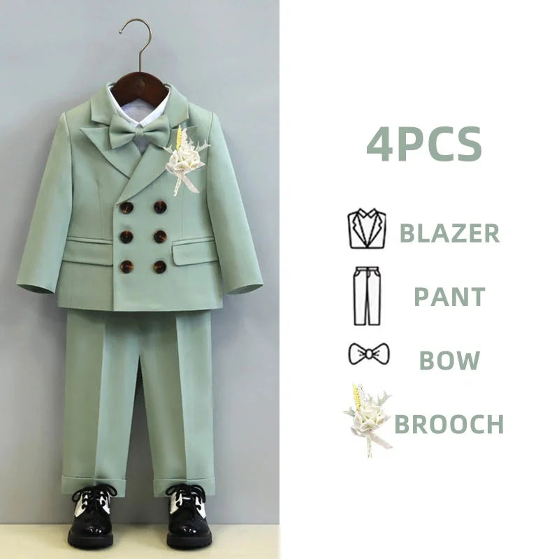 Children's Boys Autumn Formal Green Suit Boys Wedding Suit Children 1 To 14yrs Kids Blazer Pant Bowtie Flower Boys Suits Outfits