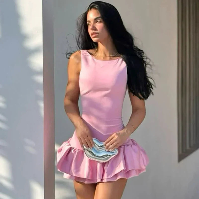 Womens Dresses Ruffled Halter Dress Summer Black Pink White Dress Mini Layered Backless Short Dresses Elegant Vestidos 066