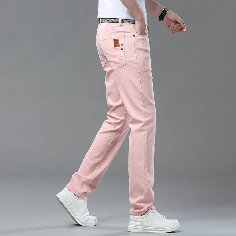 2025 Autumn Men's Elastic Colorful Jeans Breathable Casual  Straight Fitted Solid Color Denim Pants Korean Fashion Trousers