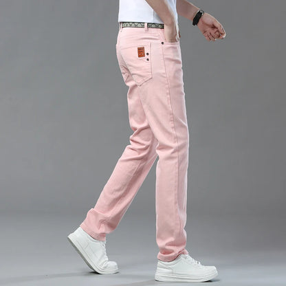 2025 Autumn Men's Elastic Colorful Jeans Breathable Casual  Straight Fitted Solid Color Denim Pants Korean Fashion Trousers