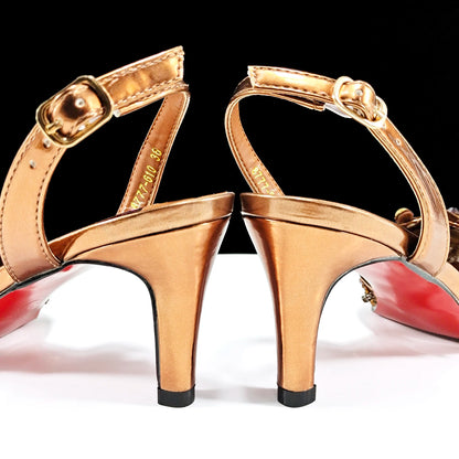 Heel Shoe for Women Hollowed Out Embroidery Rhinestone Italian Design Coffee Color Pointed-Toe Shoes and Bags Set