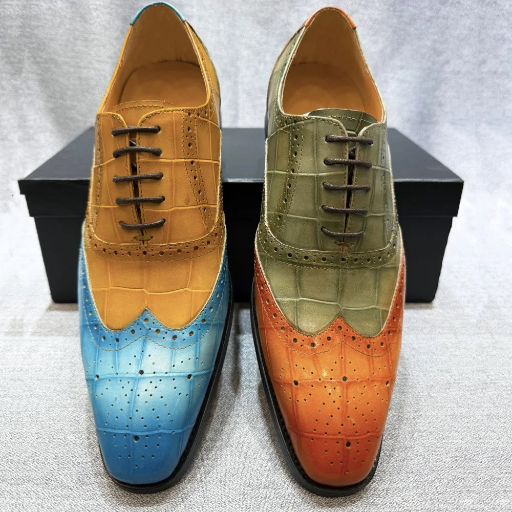 Men's Genuine Leather Wingtip Oxfords Shoes Italian Wedding Dress Shoes Green/Camel Business Formal Male Footwear