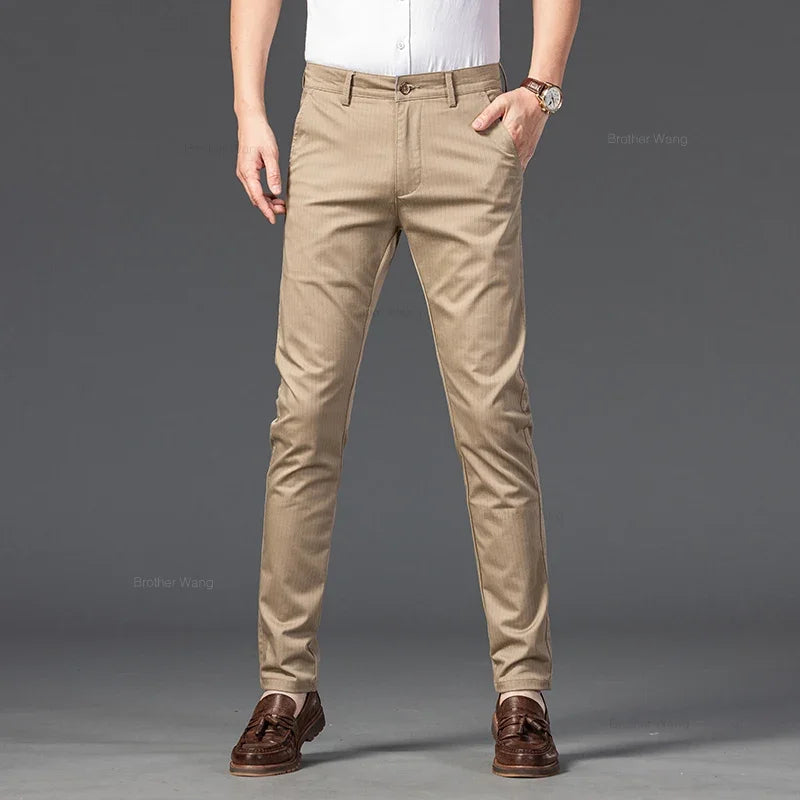 New Men's Business Straight Striped Casual Pants High Quality British Fashion Soft Elastic Trousers Black White Khaki Gray