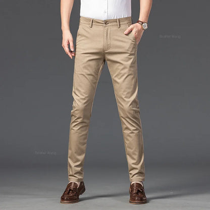 New Men's Business Straight Striped Casual Pants High Quality British Fashion Soft Elastic Trousers Black White Khaki Gray