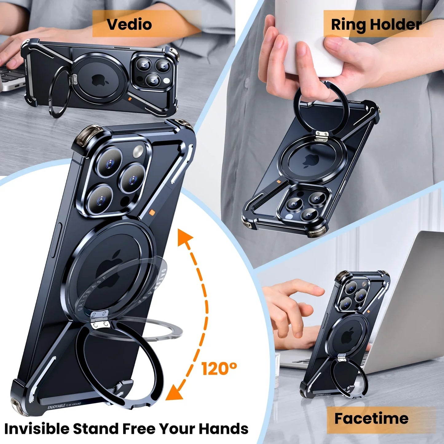 Magnetic Z Shape Metal Phone Case For iPhone 17 Air 15 16 Pro Max Shockproof Bumper With 360° Rotation Holder Protective Cover