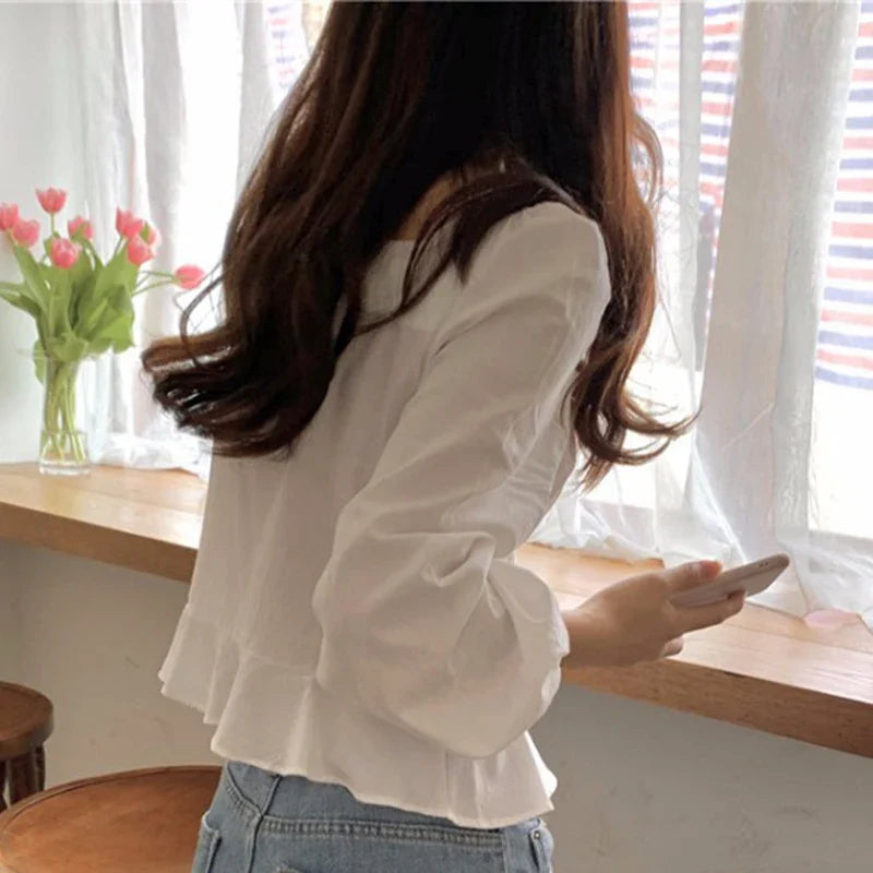 Fashoin New Vintage Loose White Blouse Women Casual Long Sleeve Ruffled Shirt Tops Fashion Square Collar Solid Lady Shirts 11700