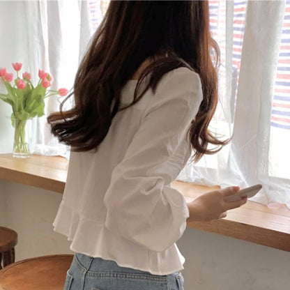 Fashoin New Vintage Loose White Blouse Women Casual Long Sleeve Ruffled Shirt Tops Fashion Square Collar Solid Lady Shirts 11700