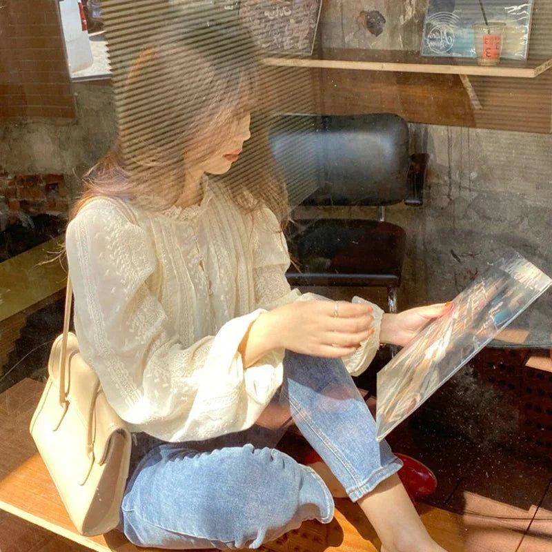 New Chic Spring Autumn  Lace Women Fashion Blouse Long Sleeve Casual Elegant Office Loose Shirt Collar Elegant Top Clothes