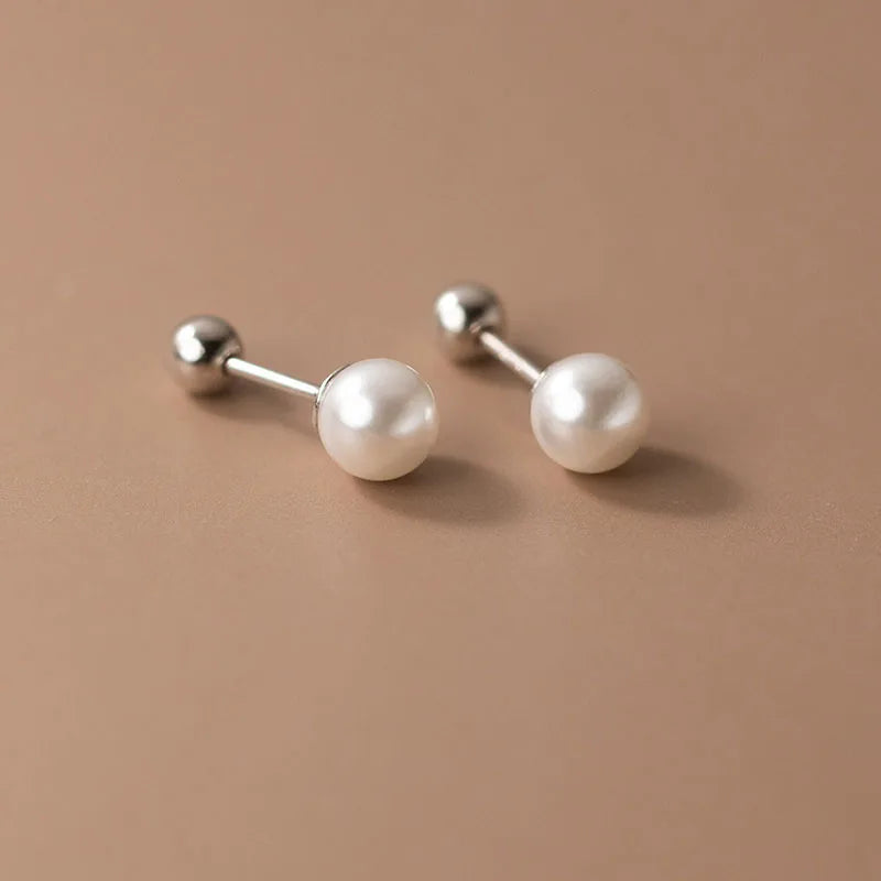Real 925 Sterling Silver Geometric Round Bead 6/8/10/12mm Pearl Stud Earrings For Women TRENDY Fine Jewelry Accessories