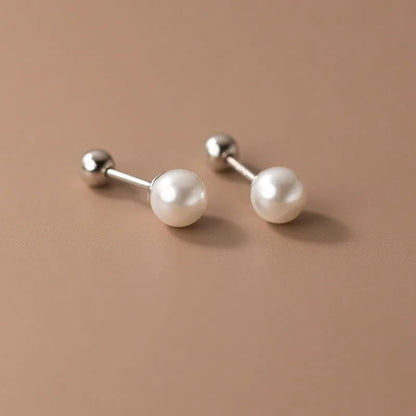 Real 925 Sterling Silver Geometric Round Bead 6/8/10/12mm Pearl Stud Earrings For Women TRENDY Fine Jewelry Accessories