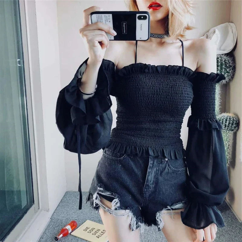 Solid Color Slim Fit Off Shoulder Sexy Women's Chiffon Shirt Sweet Flare Long Sleeved Chic Fashion New Lady Short Tops 8066