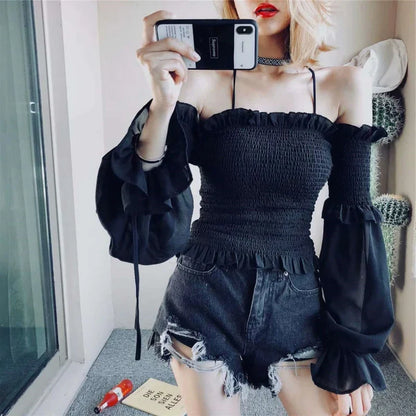 Solid Color Slim Fit Off Shoulder Sexy Women's Chiffon Shirt Sweet Flare Long Sleeved Chic Fashion New Lady Short Tops 8066