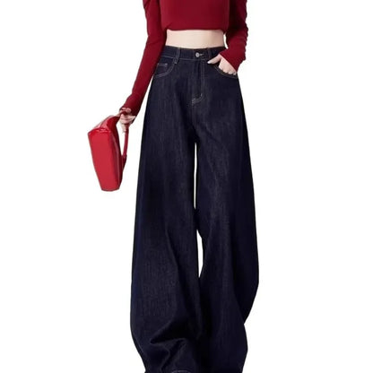 Calça Jeans Feminina Azul Estilo Americano Cintura Alta Perna Larga Solta que Emagrece Caimento Drapeado Comprimento Longo Primavera Outono Tendência