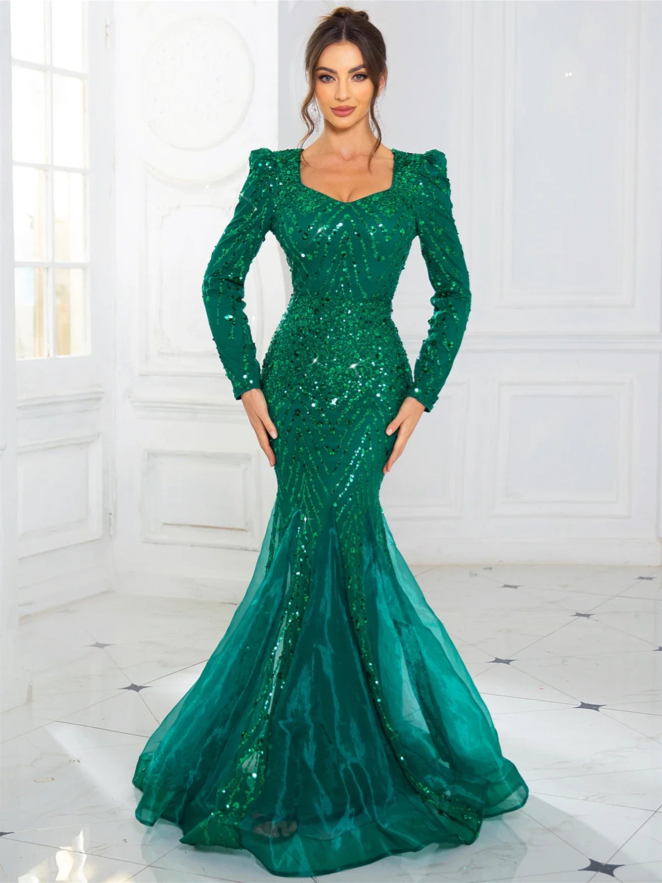 Long Sleeves Sweetheart Neck A Line Mesh Formal Evening Dress Floor Length Women Prom Party Dresses Winter