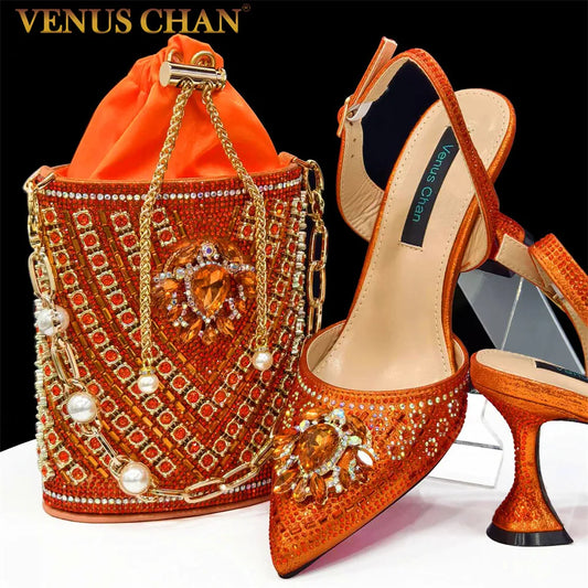 Italian Shoes and Bags Matching Set 2024 Nigerian Heel Party for Women Orange Colour Italian Design Wedding INS 2024