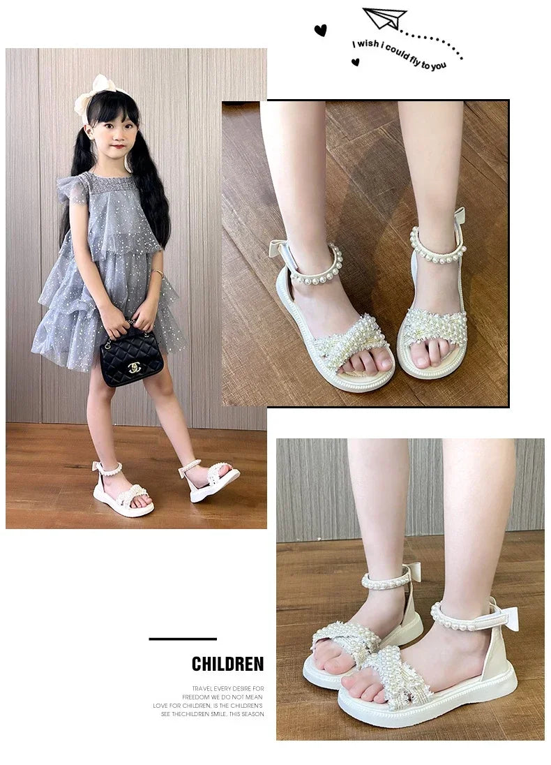Children's Sandals Summer Girls Princess Causal Bowtie Roman Sandals Fashion Sweet Kid Party Non-slip Open-toe Sandals Hook Loop