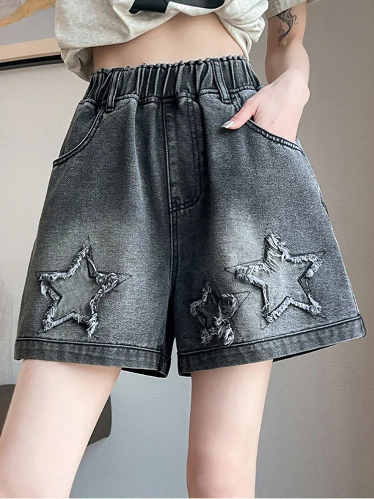 L-6XL Plus Size Denim Shorts For Women Summer 2025 High Waist Black Loose Wide Leg Short Jeans Women Star Large Size Short Jeans