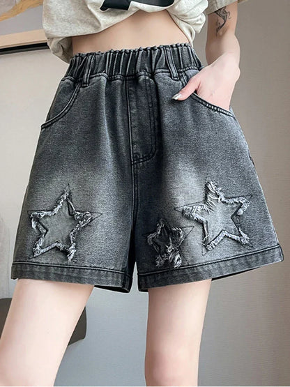 L-6XL Plus Size Denim Shorts For Women Summer 2025 High Waist Black Loose Wide Leg Short Jeans Women Star Large Size Short Jeans