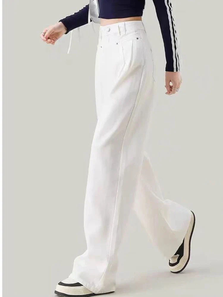 Autumn Spring Denim Pant Women Jeans Vintage Straight Trousers Fashion Female White Black Wide Leg Pants Casual Jeans