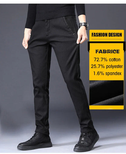 Men's Slim Suit Casual Pants Thick Fashion Embroidered Pocket Trousers Business Baggy Office Comfortable Elastic Pants Male