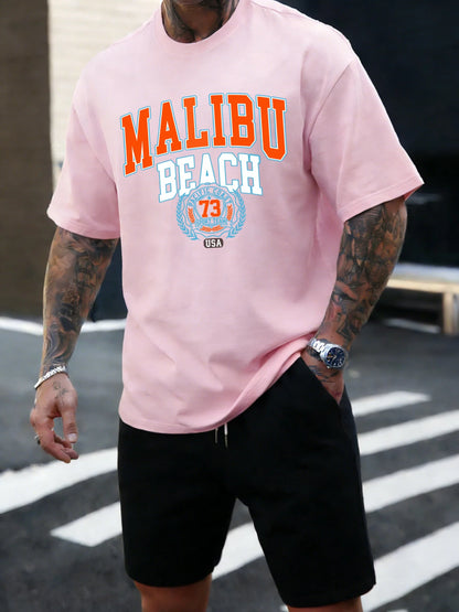 Malibu Beach 73 Usa Printing T-Shirt Mens Cotton T Shirts O-Neck Summer Basics Clothes Casual Trendy All-Match Short Sleeve