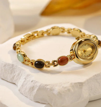 Women's watch Vintage Natural Colorful Jade Bracelet Wristwatches Clock,Luxury Elegant Small Oval Dial Quartz Watch Waterproof